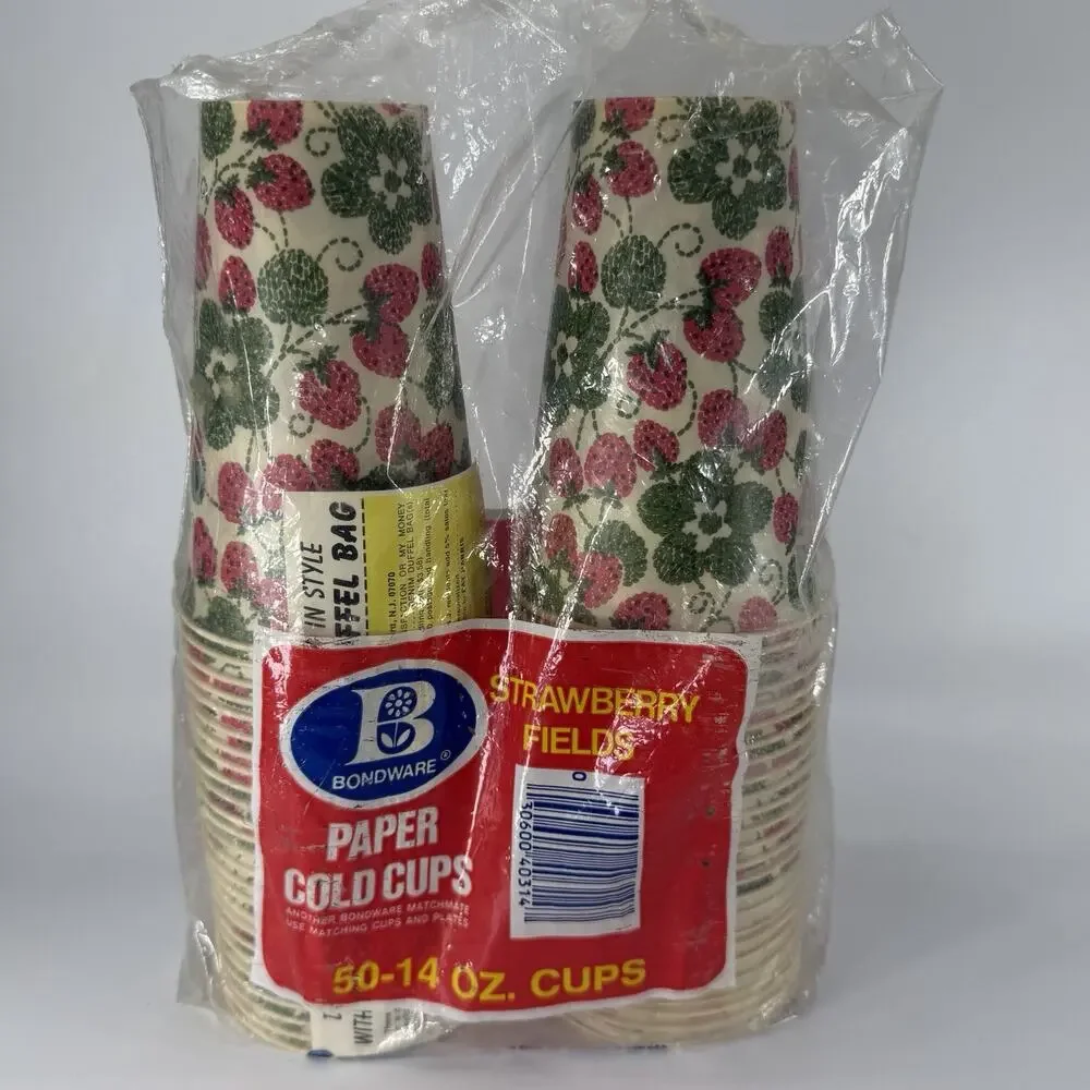 50 Count Vintage Bondware Strawberry Fields Wax Paper Cold Party Cups 14 oz NEW